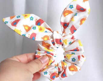 Cute and Bright Chicks Print Scrunchies, Easter Themed Scrunchies, Removable Bow Scrunchies, Bunny Ears Scrunchies, Handmade & 100% Cotton