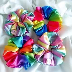 Pastel Rainbow Satin Scrunchies, Silky Satin Hair Accessories, Rainbow Satin Regular Size Hair Scrunchies, Bright and Pastel Rainbow, Pride image 1