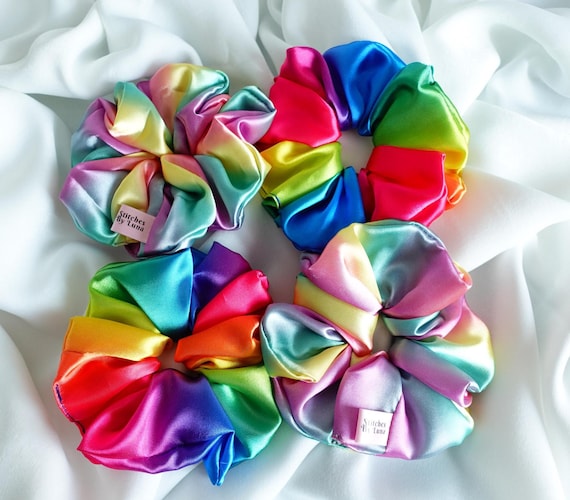 Handmade Pastel Rainbow Satin Scrunchies: Silky Hair Accessories