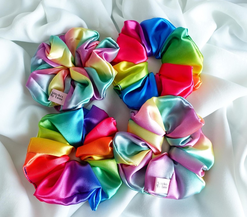 Pastel Rainbow Satin Scrunchies, Silky Satin Hair Accessories, Rainbow Satin Regular Size Hair Scrunchies, Bright and Pastel Rainbow, Pride image 1