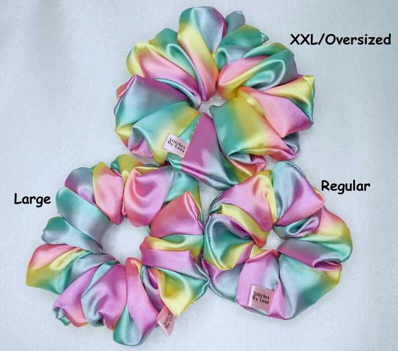 Pastel Rainbow Satin Scrunchies, Silky Satin Hair Accessories, Rainbow Satin Regular Size Hair Scrunchies, Bright and Pastel Rainbow, Pride image 8