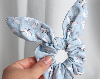 Easter Themed Bunny Scrunchies, Blue Bunny Prints Scrunchies, Removable Bow Scrunchies, Bunny Ears Scrunchies, Handmade & 100% Cotton