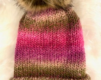 Pink Beanie with Pom Pom/ Pink Knitted Beanie