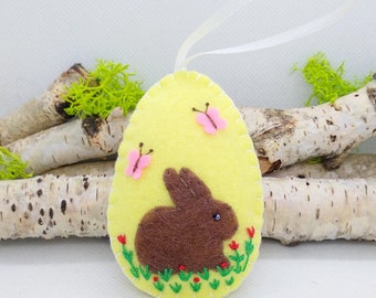 Handmade Felt Easter Egg with Bunny, Charming Easter Tree Ornament, Embroidery