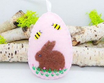 Handmade Easter ornament, Felt bunny decoration, Embroidery felt decor, Hanging Easter ornament, Felt Easter egg, Small Easter gift