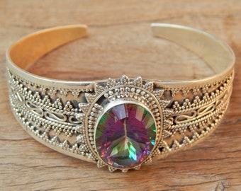 Mystic Topaz Bangle: Faceted Gemstone, 925 Sterling Silver