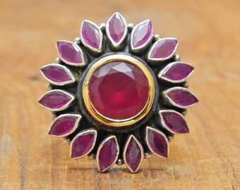 Natural Ruby Flower Ring: Sterling Silver July Birthstone