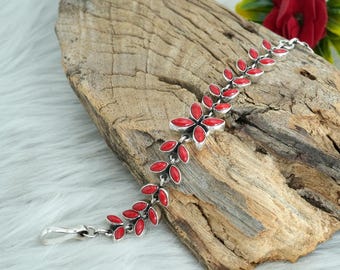 Natural Coral 925 Sterling Silver Bracelet - Handmade Gemstone Jewelry