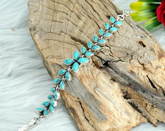 Pulseira Floral Turquesa: Joia com Pedras Preciosas em Prata de Lei