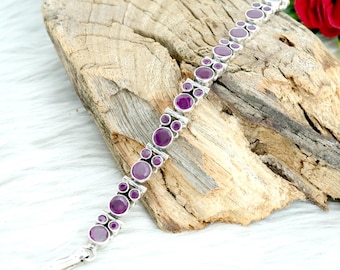Pink Ruby 925 Sterling Silver Bracelet - Natural Gemstone Jewelry
