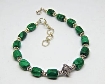 Natural Malachite Sterling Silver Bracelet - Handmade Adjustable Jewelry