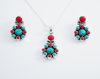 Coral & Turquoise Sterling Silver Jewelry Set: Handmade Floral Design