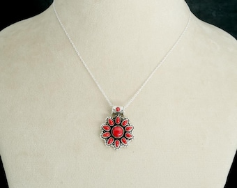 Natural Coral Flower Pendant Necklace: 925 Sterling Silver, 18 Inch Chain