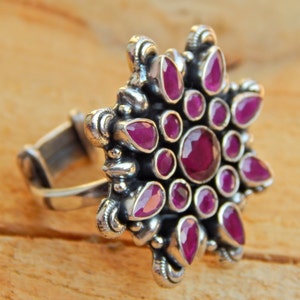 Natural Ruby Ring in 925 Sterling Silver, floral Ring, Handmade Ring, Vintage Ring, Ruby Ring, Gift Item, Pave Cut Ring, Women Ring