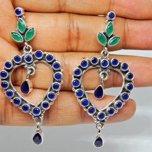 Indian Sapphire And Emerald Earring, 925 Sterling Silver, Multi Gemstone Earrings, Statement Earring, Dangle Drop Earring, Designer Earrings
