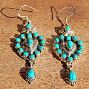 Handmade Turquoise Sterling Silver Earrings: Pear & Round Gemstone