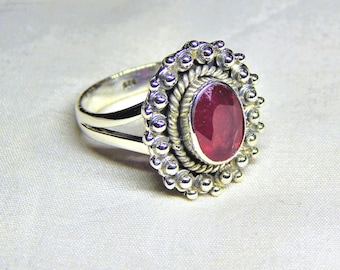 Handmade Faceted Ruby Sterling Silver Ring - Oval Birthstone Ring