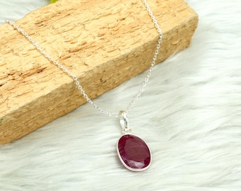 Oval Ruby Sterling Silver Necklace, Minimalist Gemstone Choker