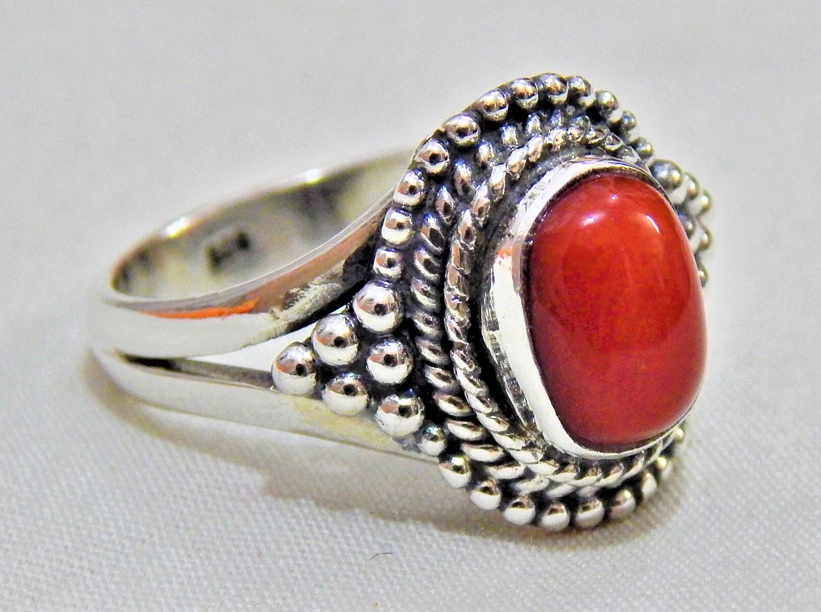 coral ring silver 925 コーラルリング Natural Coral Sterling Silver Ring - Handmade Vintage Style - Etsy