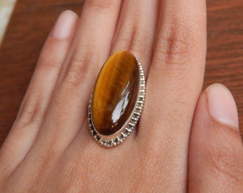 Anillo de ojo de tigre: anillo de piedras preciosas de plata de ley 925, hecho a mano