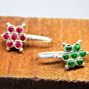 Sterling Silver Flower Nose Stud: Ruby & Emerald Gemstone Ring