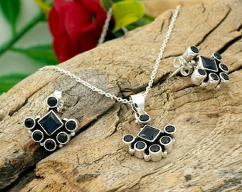 Blue Sapphire Sterling Silver Jewelry Set: Gemstone Pendant Earrings