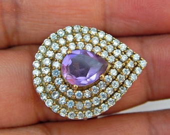 Anillo de amatista en forma de pera: hecho a mano en plata de ley 925 con detalles de circonitas, talla 6.5