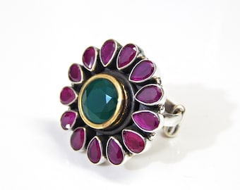 Anillo floral de rubí y ónix verde, plata de ley 925, ajustable