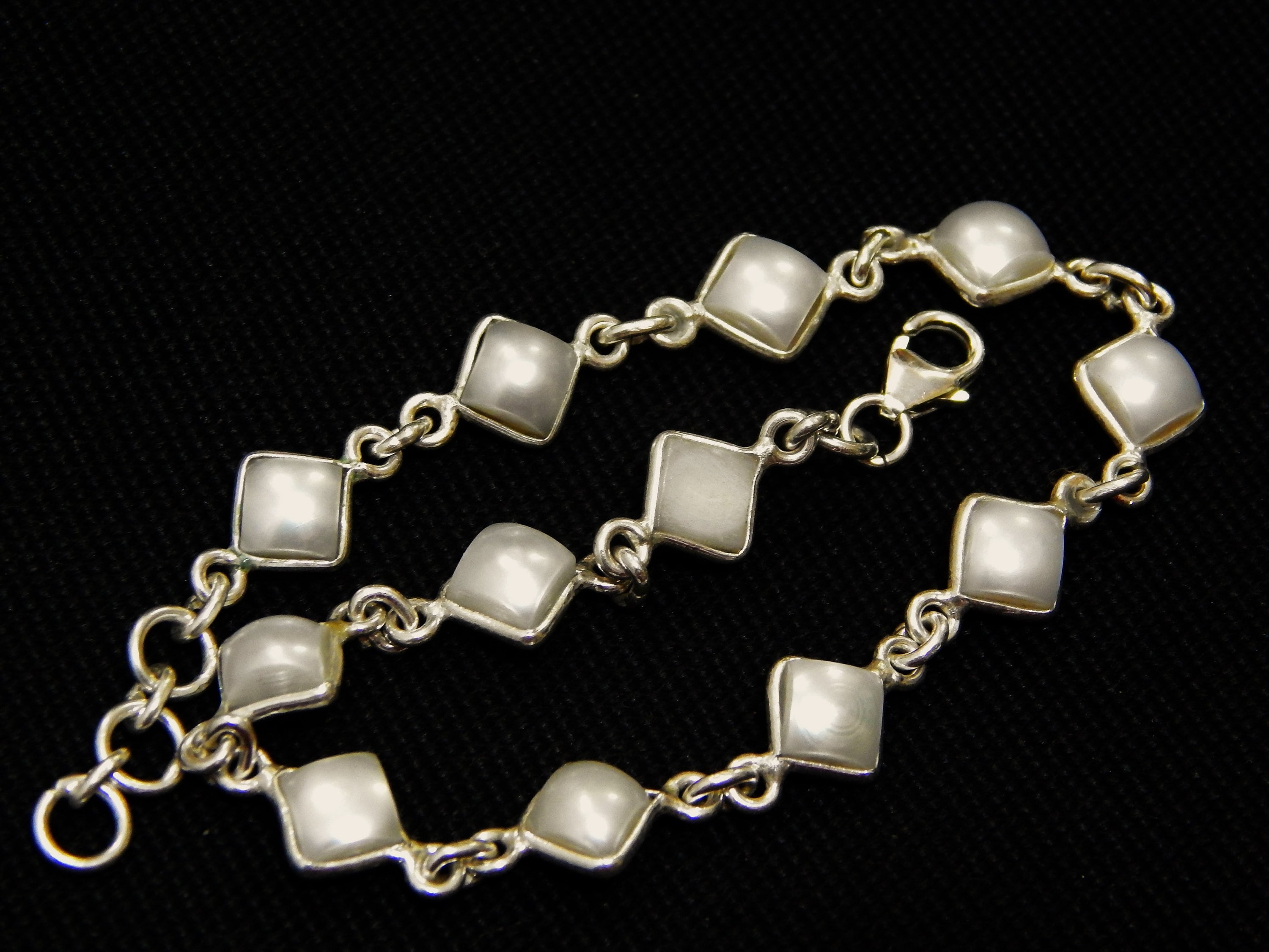 SILVER925 SQUARE PLATE BRACELET/ブレスレット Square Pearl Bracelet: Vintage 925 Sterling Silver Gemstone, 8