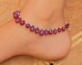 Natural Ruby Sterling Silver Beaded Anklet: July Birthstone Charm