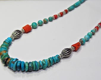 地中海産赤珊瑚ネックレス、天然ターコイズネックレス、ラウンドビーズ