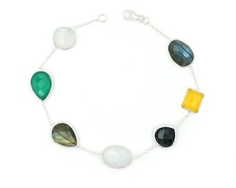 Bracelet en argent sterling 925 avec plusieurs pierres précieuses, onyx, labradorite, pierre de lune