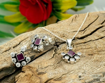 Handmade Sterling Silver Gemstone Jewelry Set: Ruby & Zircon Pendant Earrings