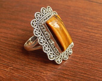 Tiger's Eye Ring: 925 Sterling Silver Gemstone Ring, Handmade