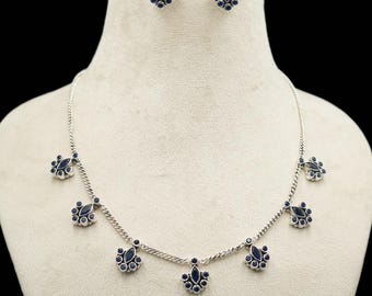 Blue Sapphire Sterling Silver Necklace Earring Set, Anniversary Gift