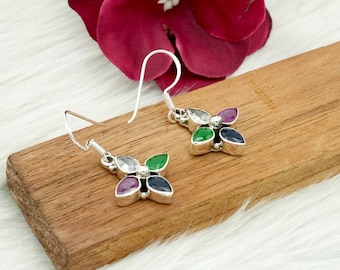 Natural Gemstones 925 Sterling Silver Earring : Ruby Emerald Sapphire