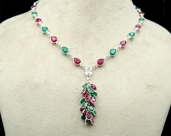 Emerald Ruby Sterling Silver Necklace: Natural Gemstone Wedding Jewelry