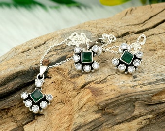 Emerald & Zircon 925 Sterling Silver Jewelry Set