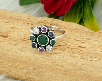 Anillo de esmeralda, rubí y zafiro, plata de ley 925, multipiedra