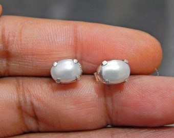 Freshwater Pearl Stud Earrings: 925 Sterling Silver, Dainty Minimalist Studs