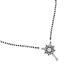 Cubic Zirconia Mangalsutra Necklace: 925 Sterling Silver, Black Beads