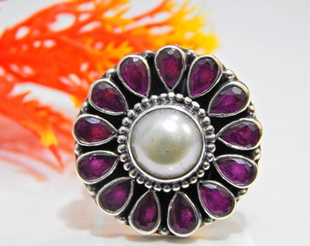 Anillo de perla rubí hecho a mano: joyería ajustable de plata de ley 925