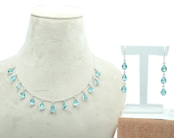Blue Topaz Sterling Silver Jewelry Set: Pear Drop Necklace & Earrings
