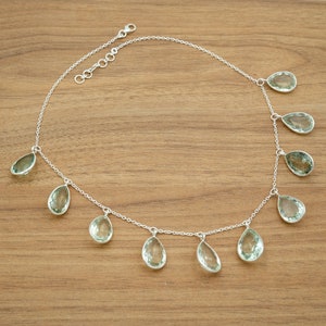 Green Amethyst Necklace: Pear Faceted Sterling Silver Bezel Jewelry