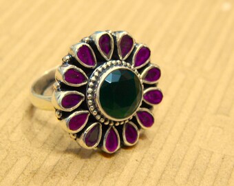 Emerald & Ruby Sterling Silver Ring: Handmade Boho Jewelry