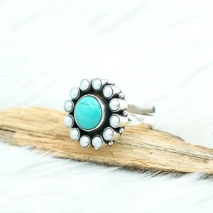 Natural Turquoise & Freshwater Pearl Ring 925 Sterling Silver Multi Color Ring Floral Jewelry Ring Adjustable Ring Gift For Her