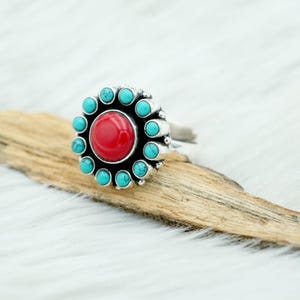 Natural Coral & Turquoise Ring in 925 Sterling Silver | 925 Sterling Silver Ring | Blue Turquoise Ring | Red Coral Ring | Flower Ring