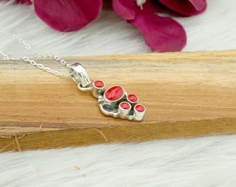 Natural Coral Flower Pendant Necklace: 925 Sterling Silver