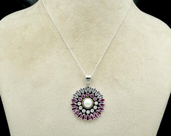 Colar Floral com Rubis e Zircônias: Joias de Casamento Feitas à Mão em Prata de Lei