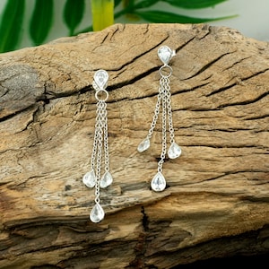 Cubic Zirconia Stud Earring in 925 Sterling Silver Handmade Earring Anniversary Gift Faceted Gemstone Long Drop Light Weight Ear Stud
